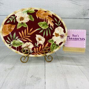 Home Trends HIBISCUS Bamboo Edge Ferns Floral Red Oval Ceramic Serving Platter